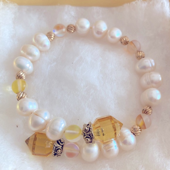 Pearl Cuff Bracelet with Vintage Crystals & Mermaid Glass Beads - Picture 3 of 5